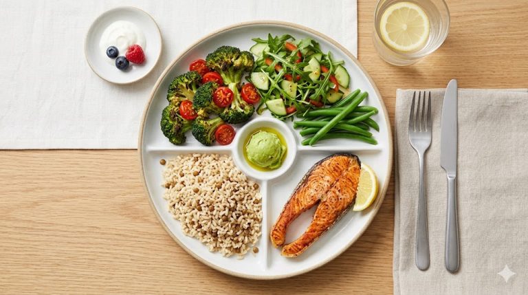 Balanced diet plate model showing five food groups Australia