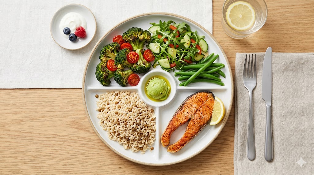 Balanced diet plate model showing five food groups Australia