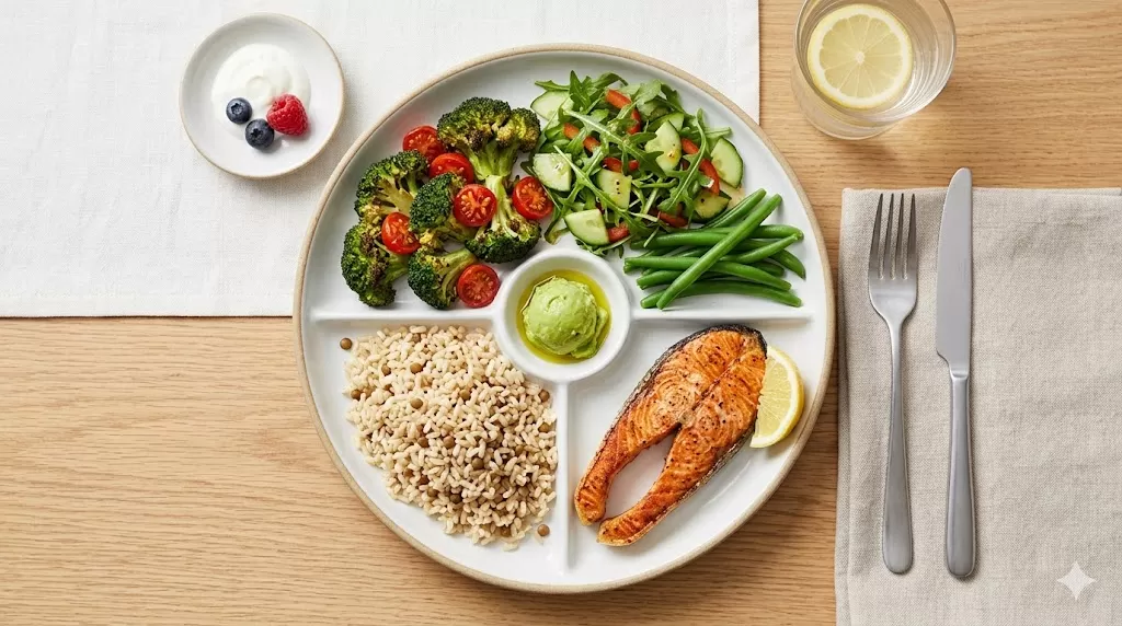 Balanced diet plate model showing five food groups Australia